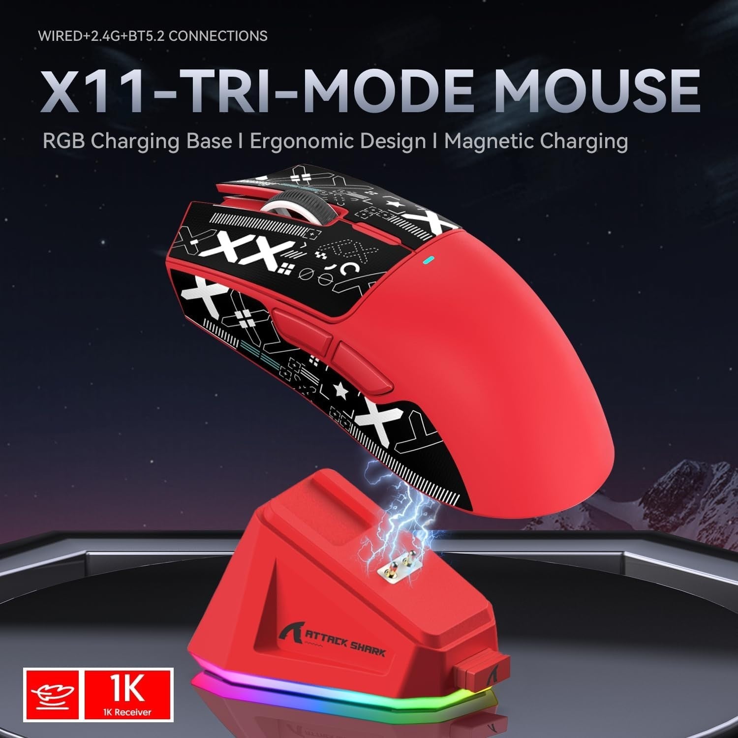 Wireless Gaming Mouse 22000 DPI RGB Dock BT 2.4G USB Red Grip