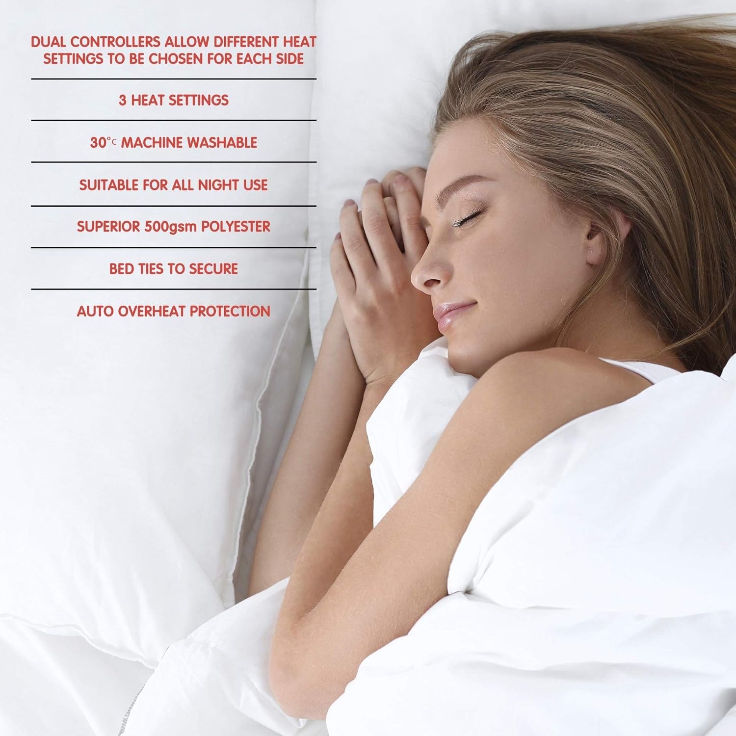 Double Electric Heated Underblanket Silent Warm Washable White
