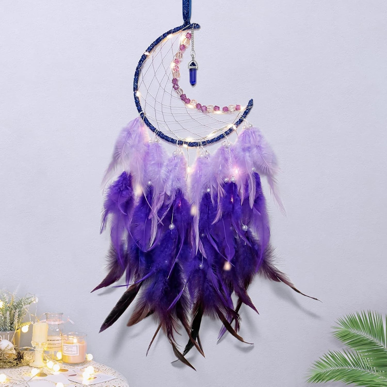 Boho Moon Dream Catcher Purple Feathers Fairy Lights Wall Decor