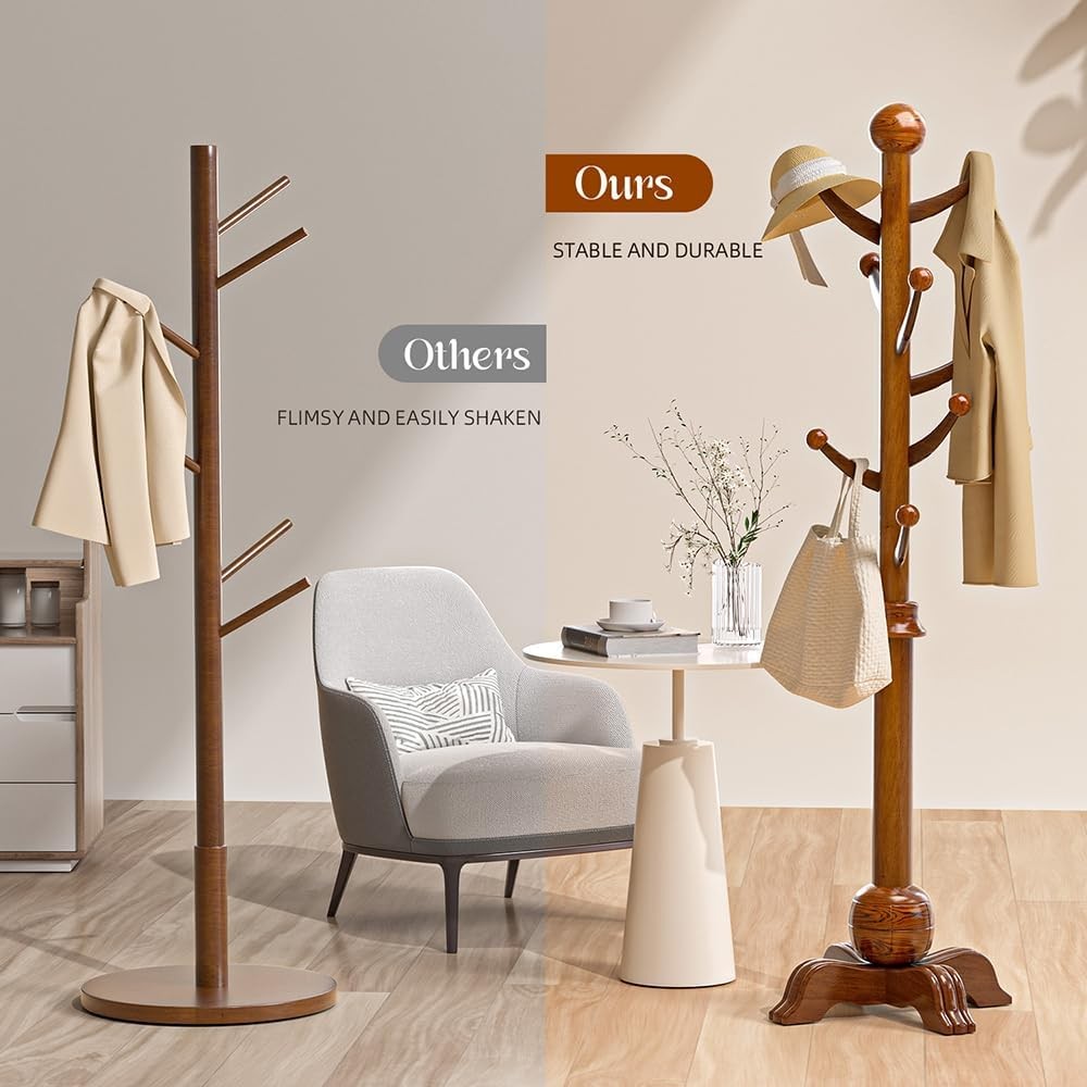Wooden Coat Rack Stand Freestanding 7 Hooks Sphere Base Hall Tree Walnut