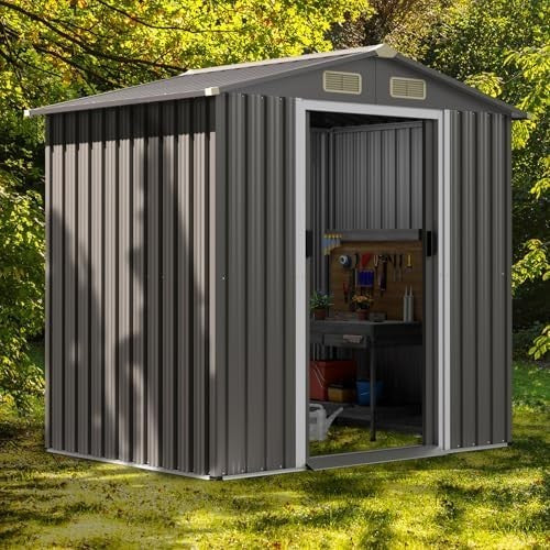 6x4FT Metal Garden Shed Outdoor Storage House Lockable Sliding Doors Grey