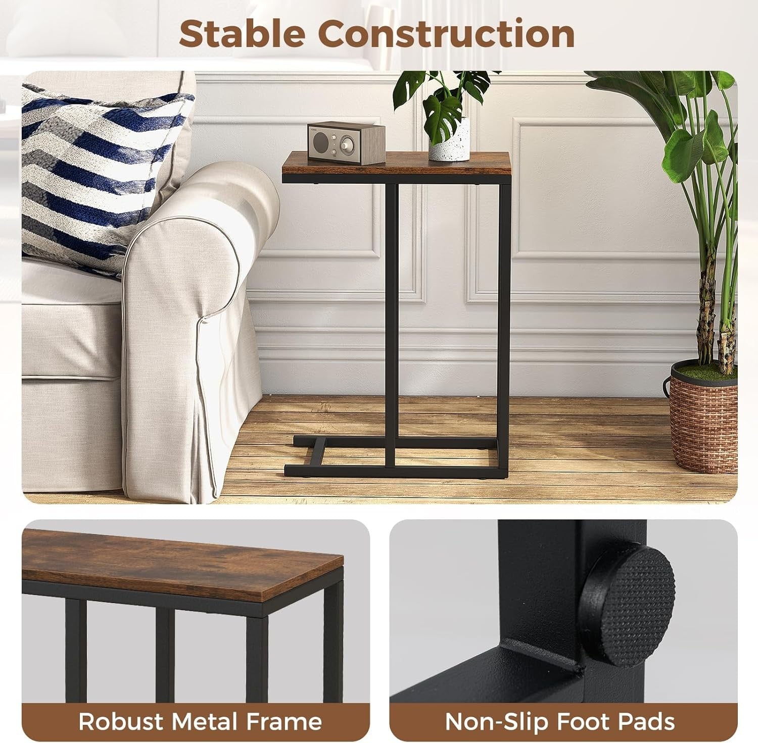 C-Shaped Side Table Rustic Brown | Industrial Sofa Laptop Snack Table 64cm