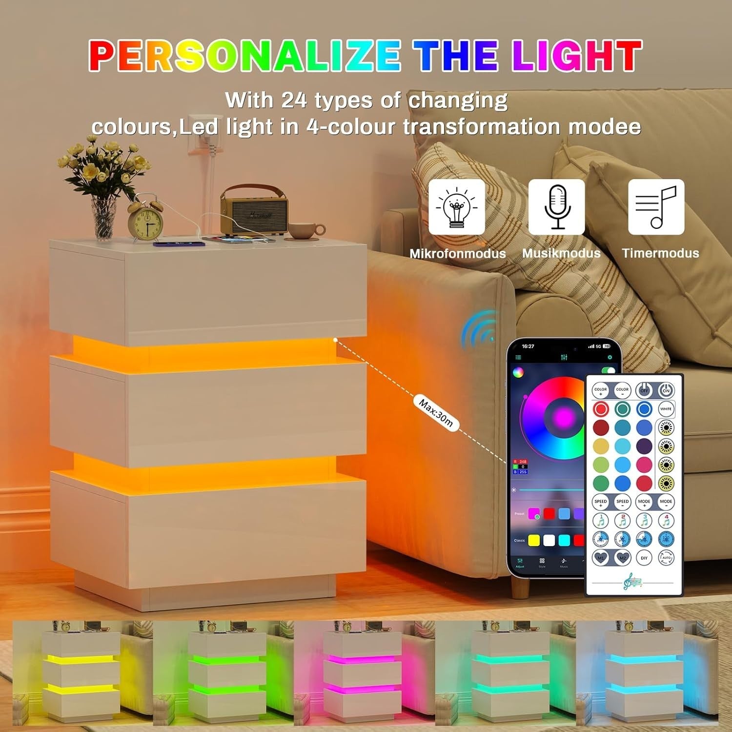 White LED Bedside Table with Power Socket, RGB Lights & 3 Drawers – Modern