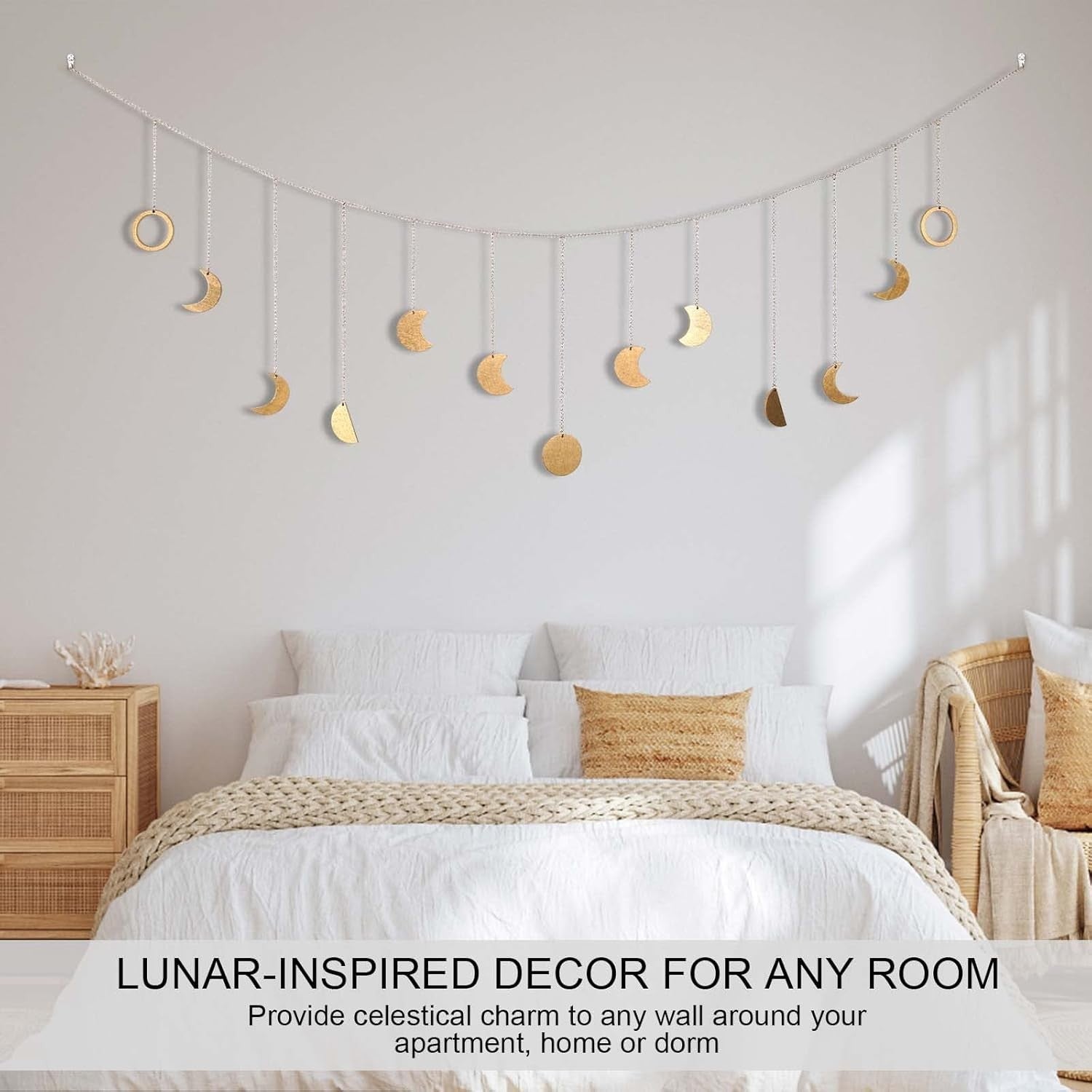 Boho Moon Phase Wall Hanging LED 13 Gold Moons 56in Decor