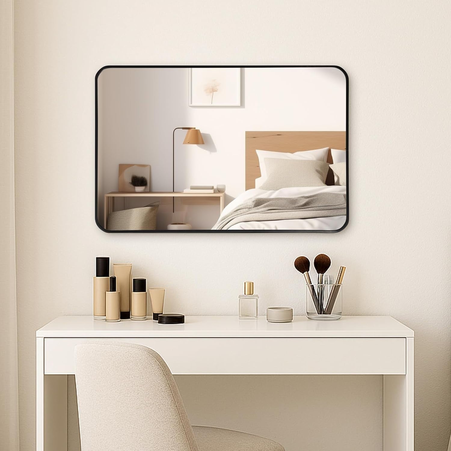 Wall Mounted Rectangle Mirror 100x70cm Black Frame Bathroom Living Room