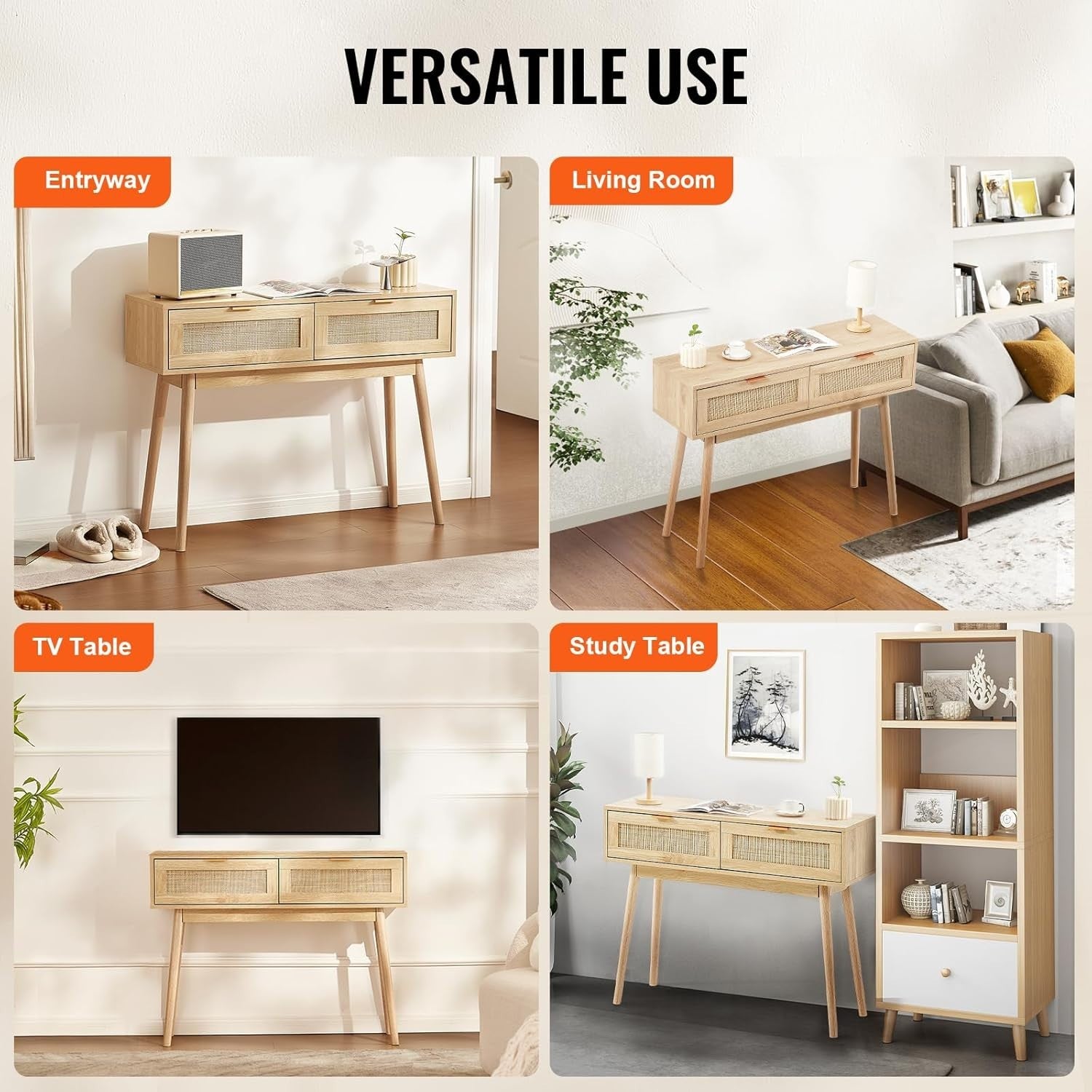 Rattan Console Table with Drawers & Shelf, Entryway Storage Unit 100cm