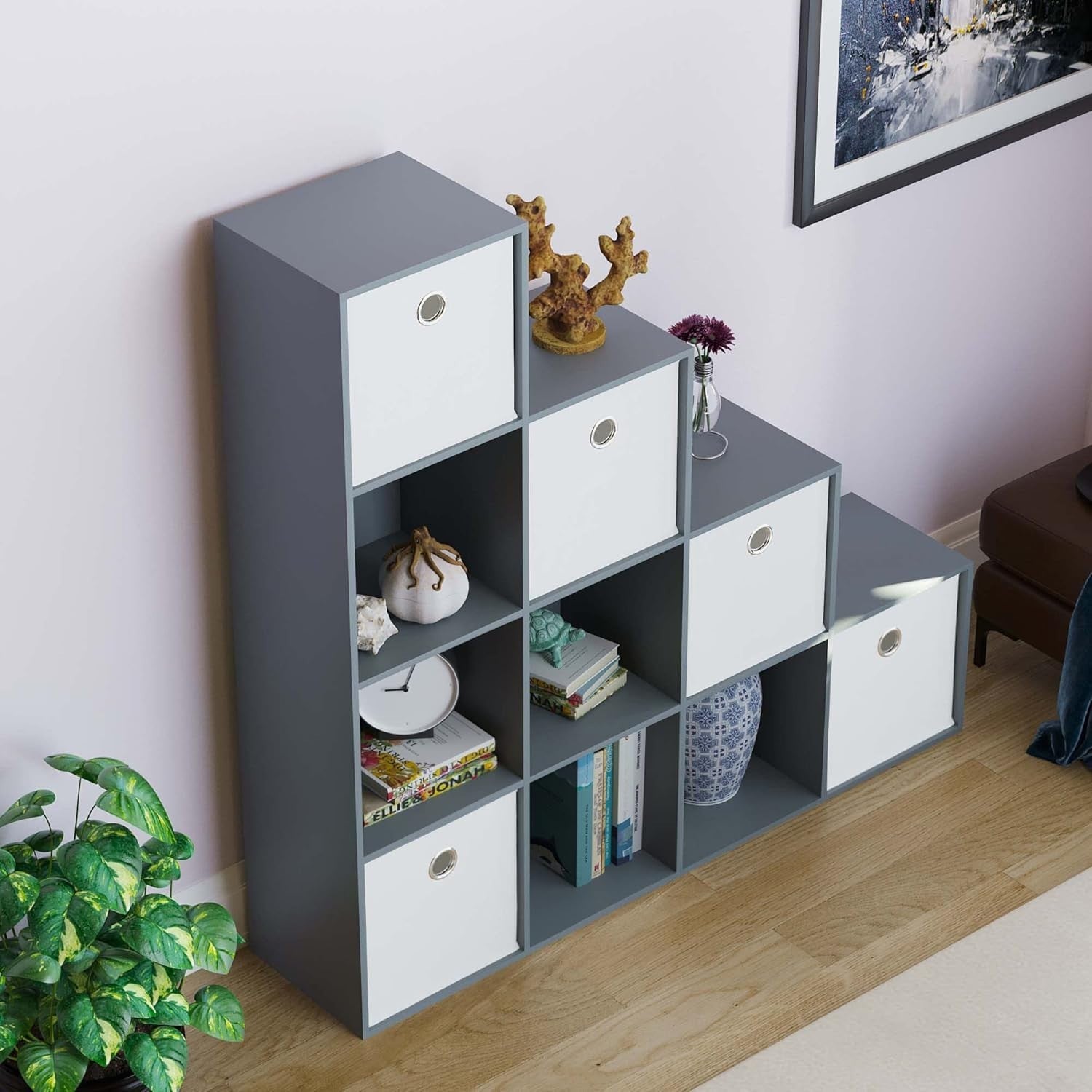 Grey 10 Cube Staircase Bookcase Shelf Unit + 5 White Storage Baskets Modern