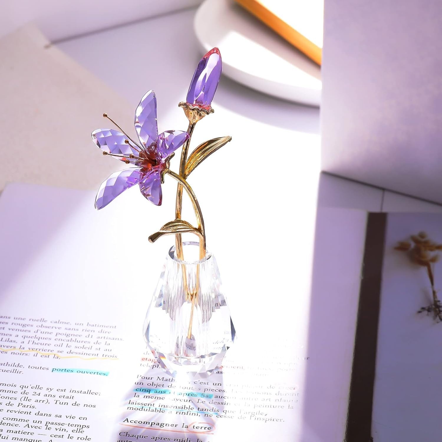 Purple Crystal Lily Flower Ornament • Luxury Glass Vase Figurine
