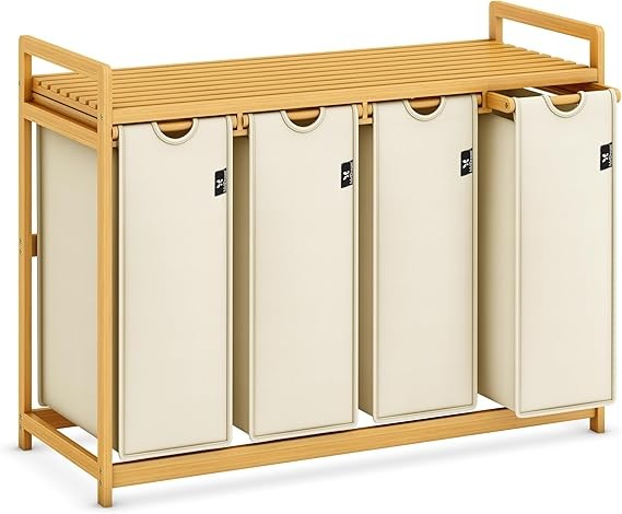 200L Bamboo Laundry Hamper with 4 Removable Bags & Extendable Shelf Storage Unit