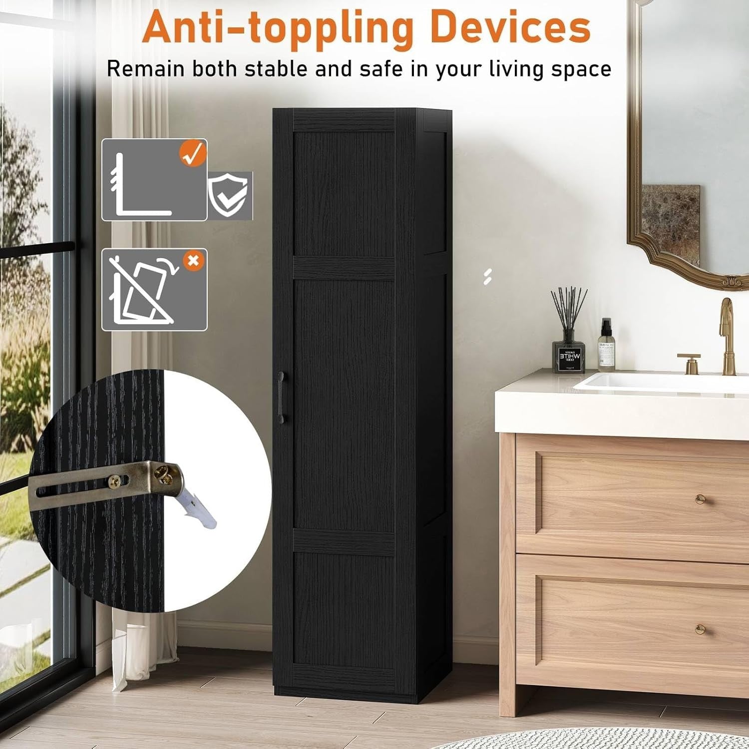 Black Tall Kitchen Cupboard 4-Tier 4 Doors 150H