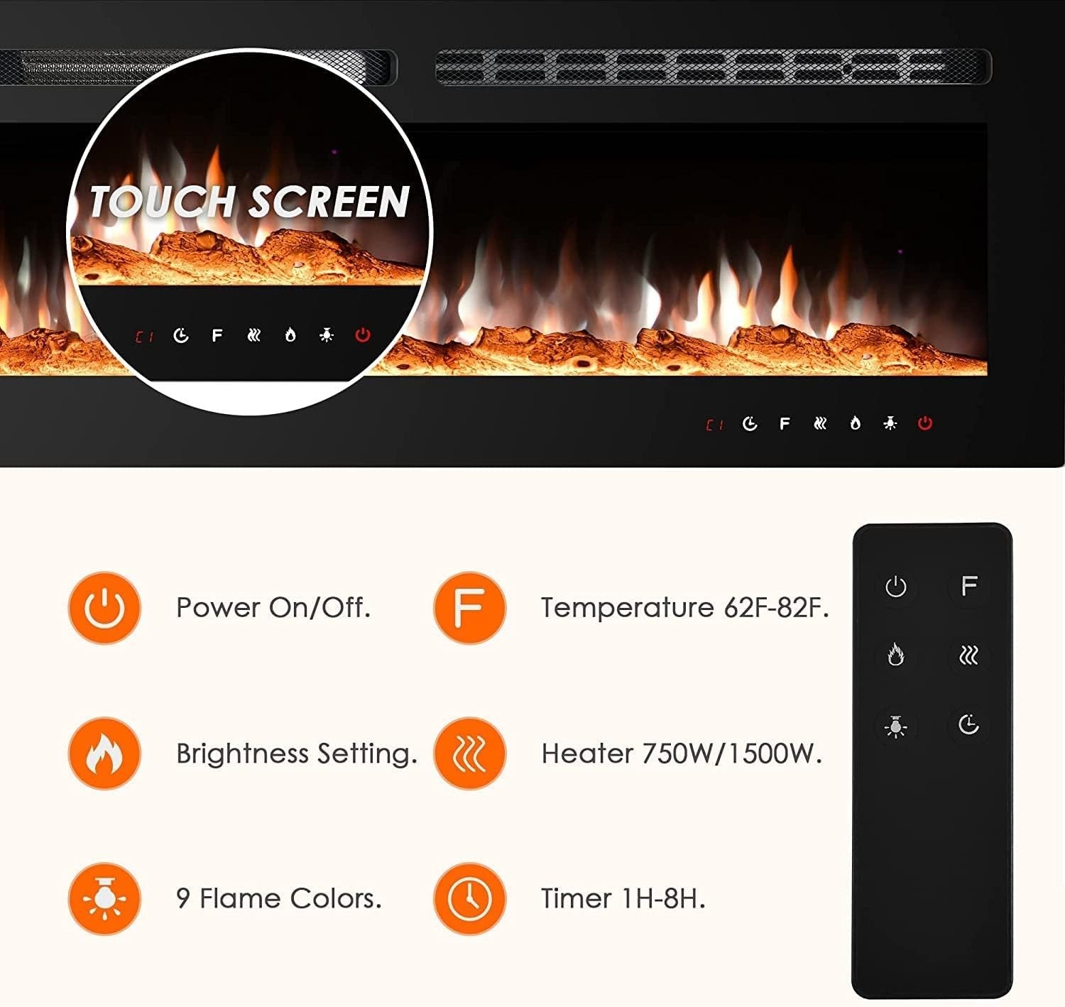 Electric Wall-Mounted Fireplace Heater 1800W Touch Screen Flame Effect