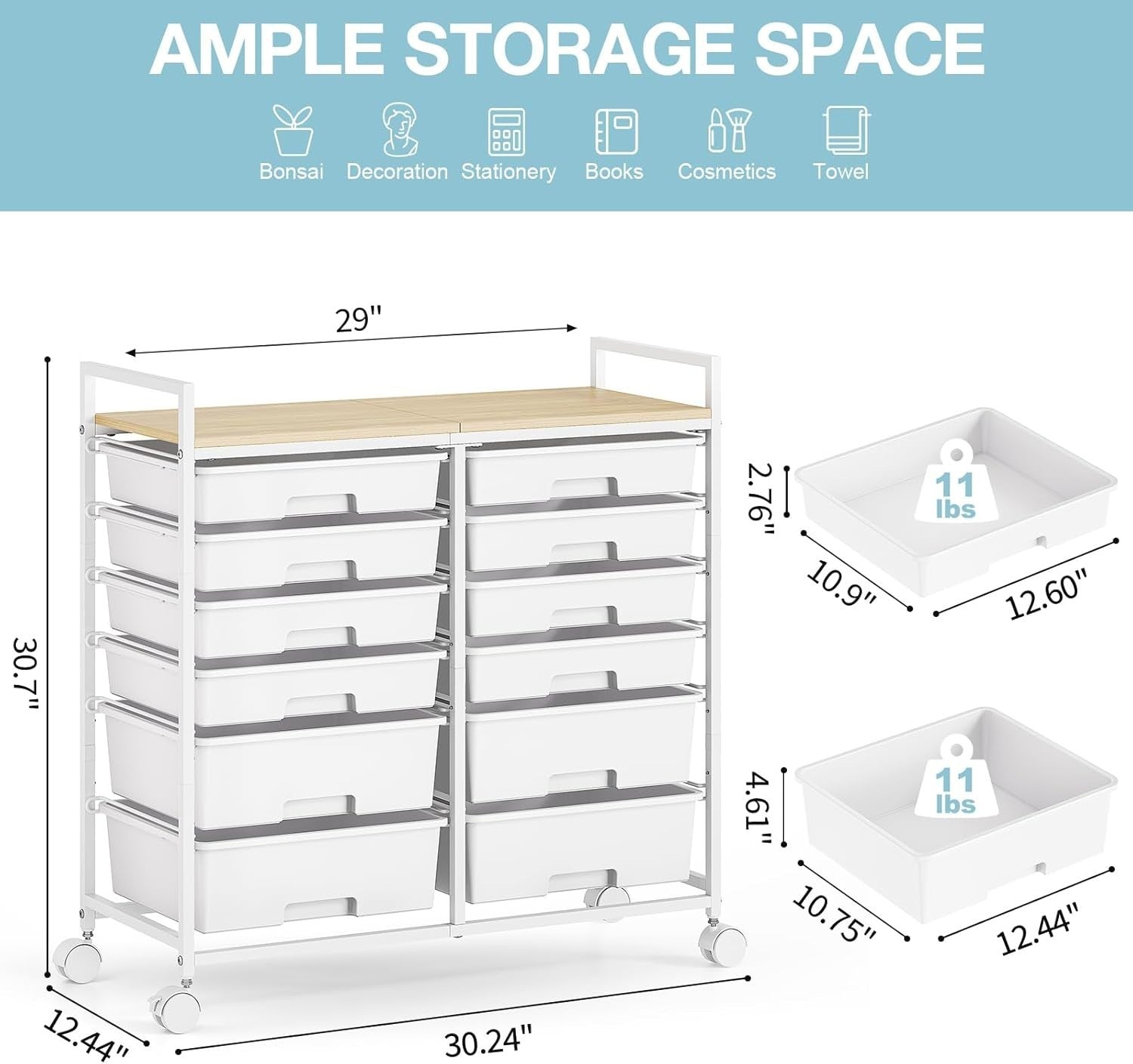 12 Drawer Rolling Storage Cart Craft Organizer Trolley White Wheels