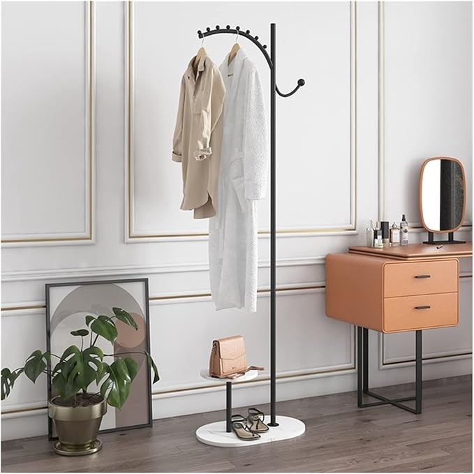 Modern Gold Metal Coat Rack Stand | Marble Base Hall Tree with Hat Hooks