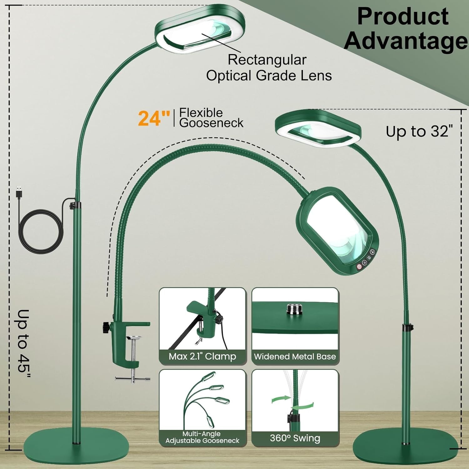 10X LED Magnifying Floor Lamp Hands Free Rectangular Lens Dimmable Light