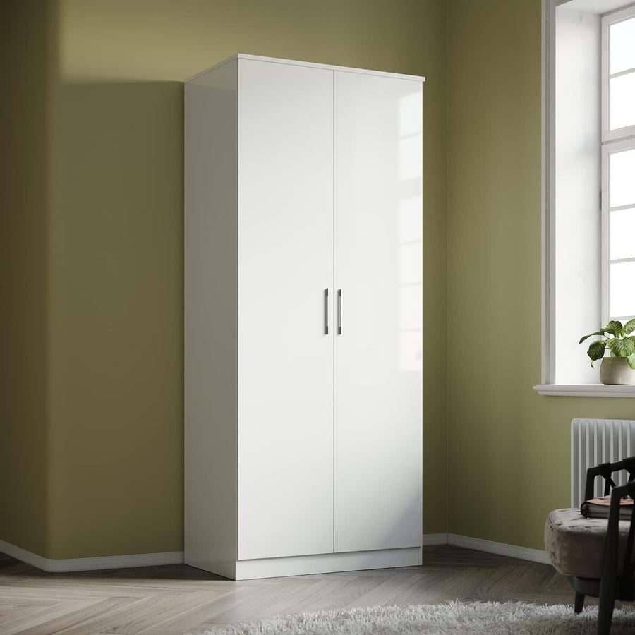 White High Gloss Wardrobe 2 Door Soft Close Storage Shelves Modern