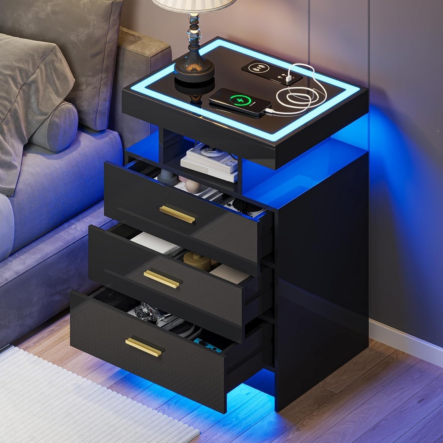 Black LED Bedside Table with Wireless Charging, Glass Top & 3 Drawer Storage