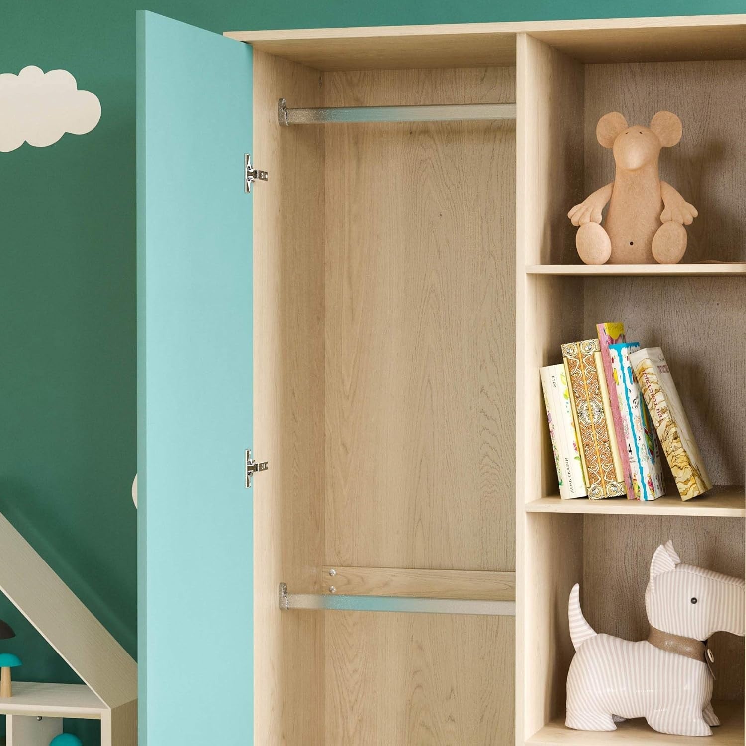 Children’s Wardrobe with Shelves & Rail, Blue Oak Kids Storage Cabinet
