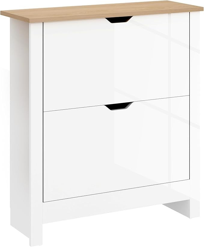 White High Gloss Shoe Cabinet with 2 Flip Drawers, Narrow Hallway Storage