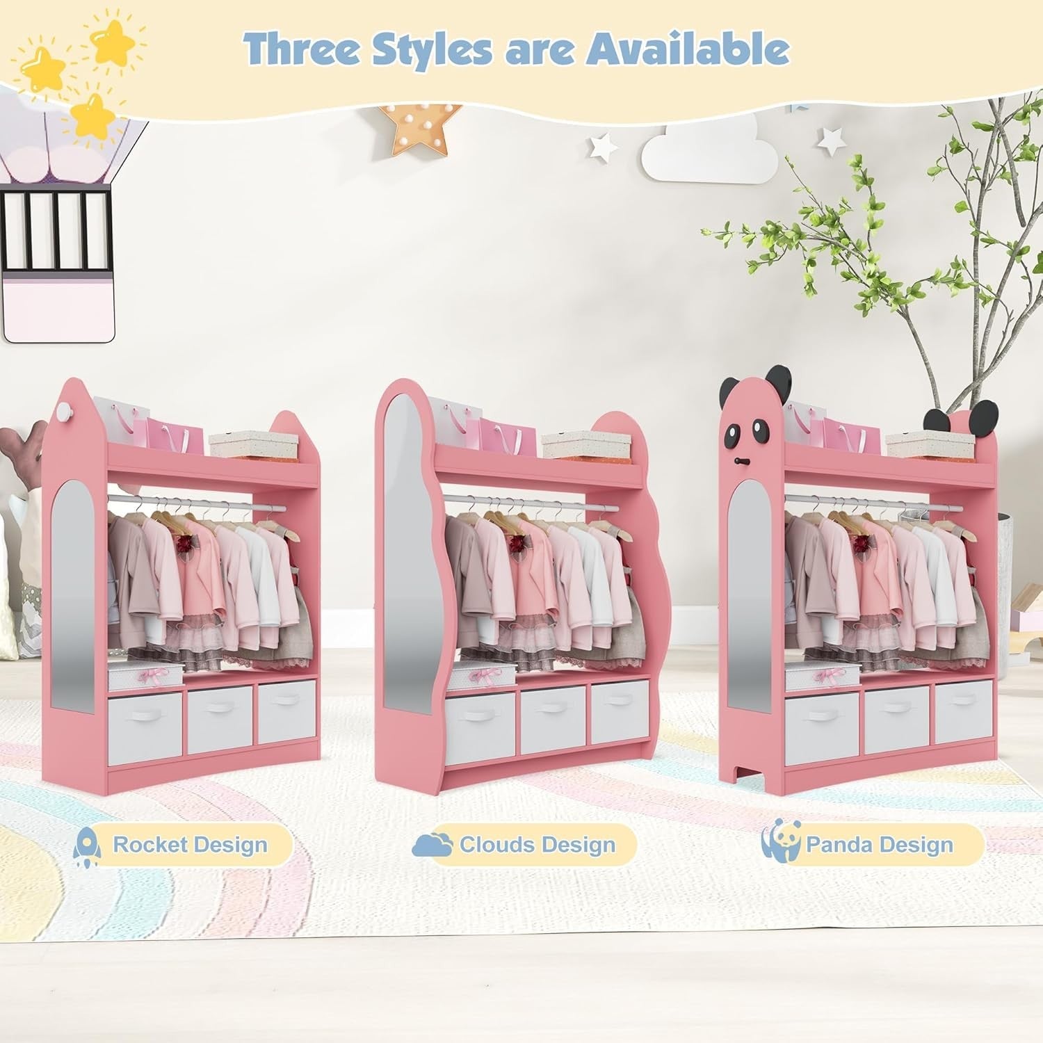 Kids Wardrobe with Mirror, 3 Drawers & Hanging Rail, Pink Cloud Design