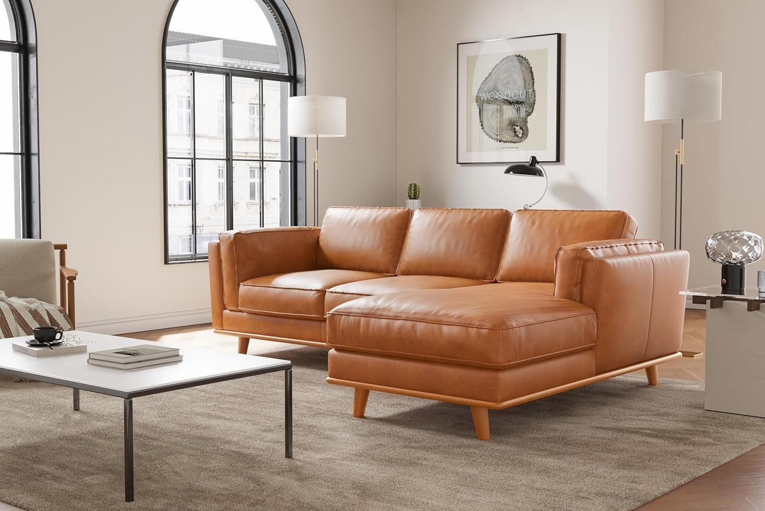 Italian Leather Sectional Sofa Chaise - Solid Wood - Modern Cognac Couch