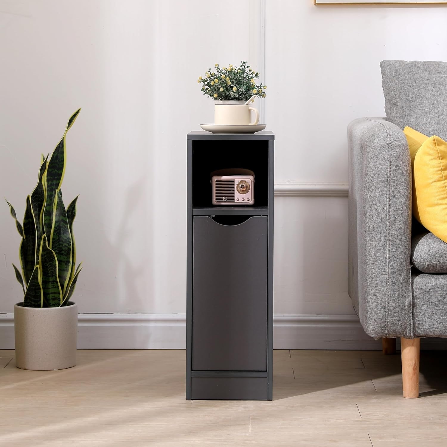 Slim Grey Bedside Table with Drawer & Shelf, Narrow Modern Nightstand Storage