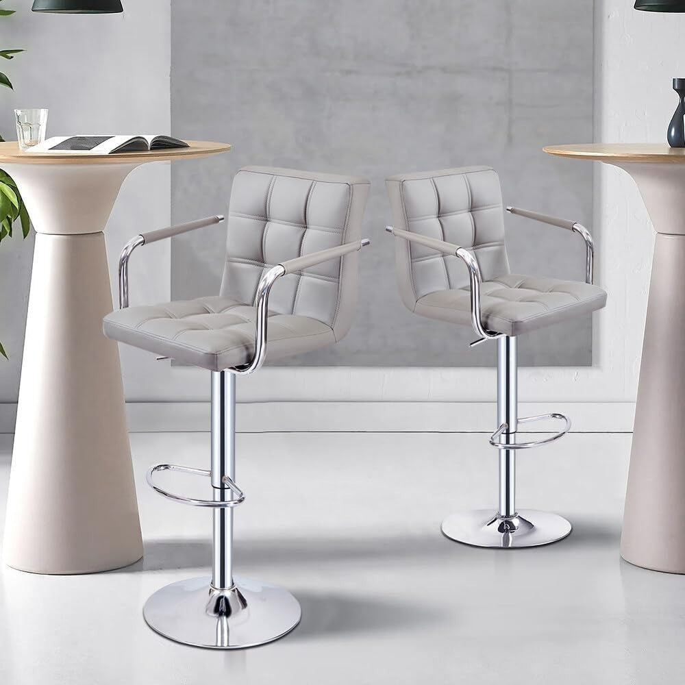 Set of 2 Grey Adjustable Swivel Bar Stools with Armrests & PU Leather