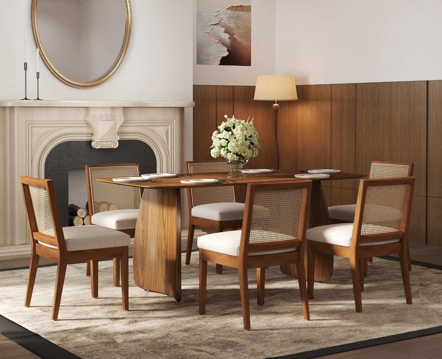 Set of 4 Rattan Dining Chairs Upholstered Seat Wooden Frame Mid Century