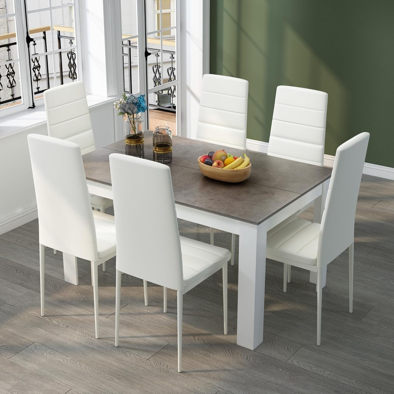 Dining Table Set 6 Grey Oak Faux Leather Chairs Modern Kitchen Home