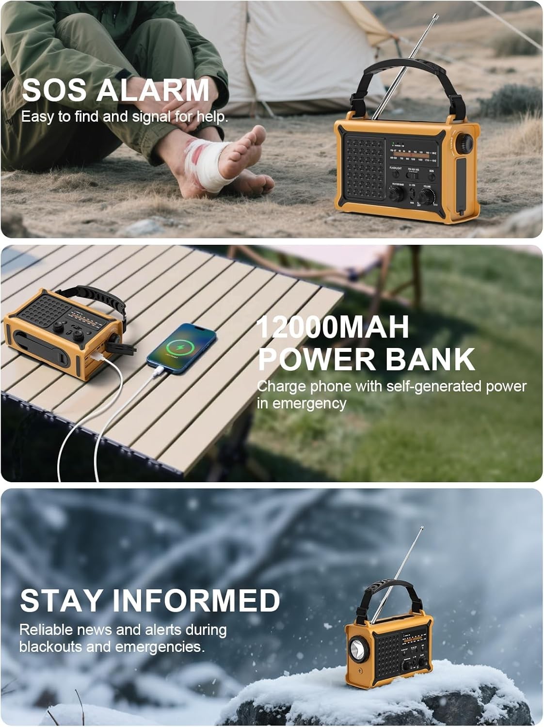 Emergency Wind-Up Solar Radio FM/AM Torch Reading Light 12000mAh