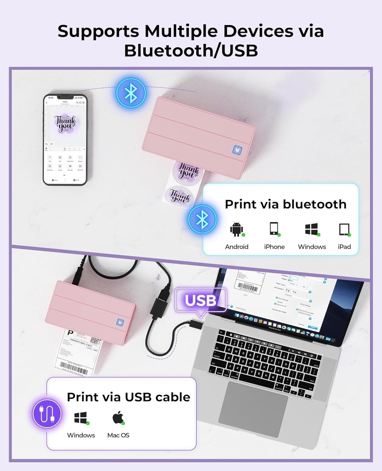 Portable 4x6 Pink Thermal Label Printer Bluetooth USB Shipping Business