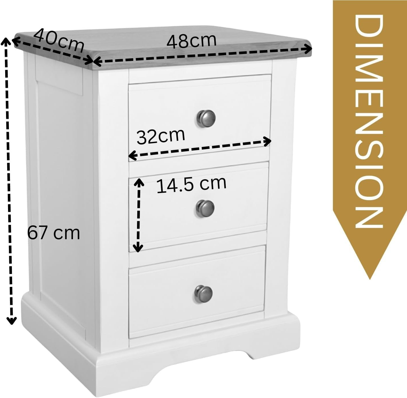 Grey Oak Top 3 Drawer Bedside Table Solid Wood Cabinet 48x40x67cm Modern