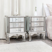 Set of 2 Mirrored Bedside Tables with 3 Drawers | Luxury Silver Nightstands