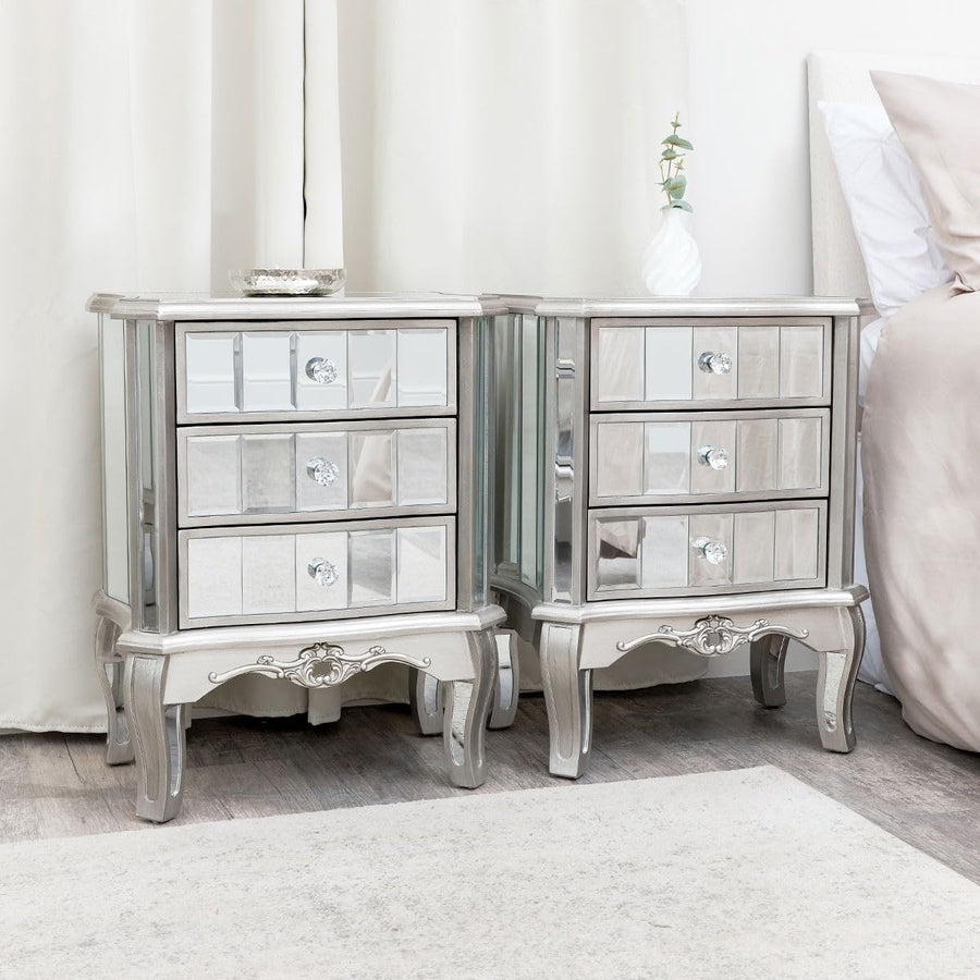 Set of 2 Mirrored Bedside Tables with 3 Drawers | Luxury Silver Nightstands