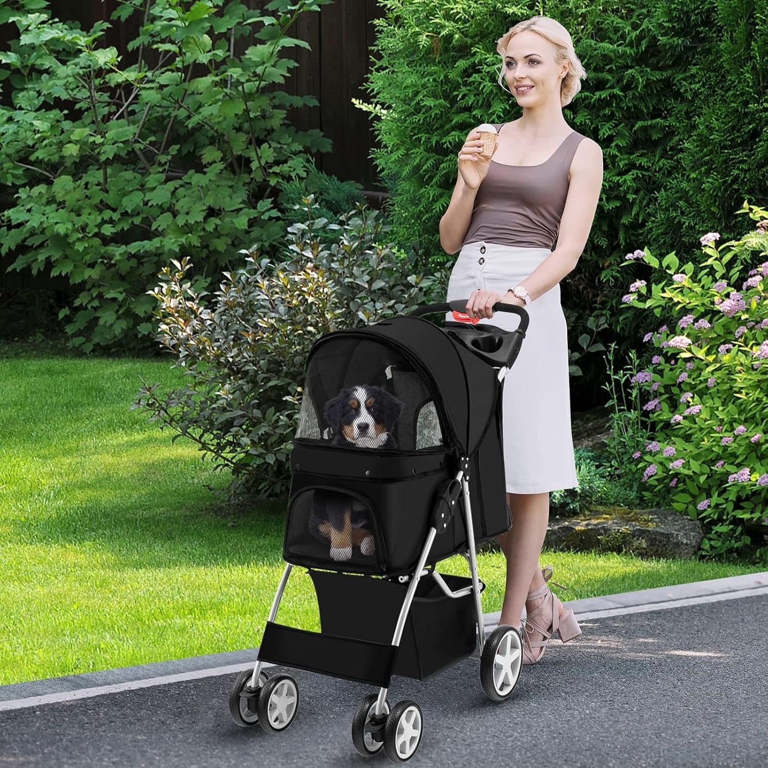 Pet Stroller Foldable Dog Cat Pushchair 4 Wheels Small Medium 15kg