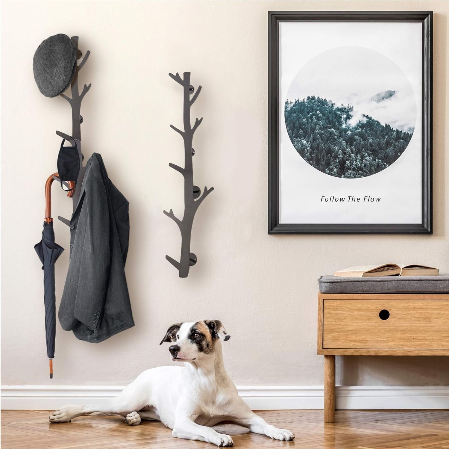 Black Metal Tree Branch Wall Mounted Coat Rack | 8 Hooks Modern Rustic