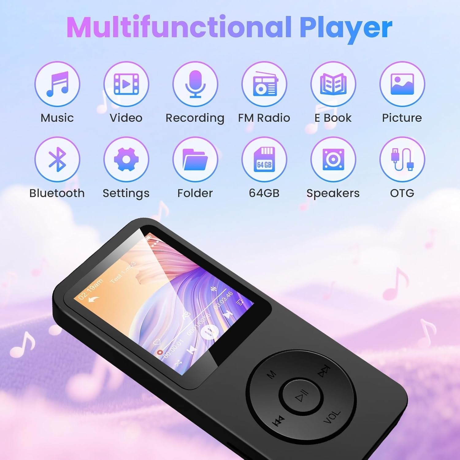 64GB MP3 Player Black Bluetooth 5.3 1.8" TFT FM