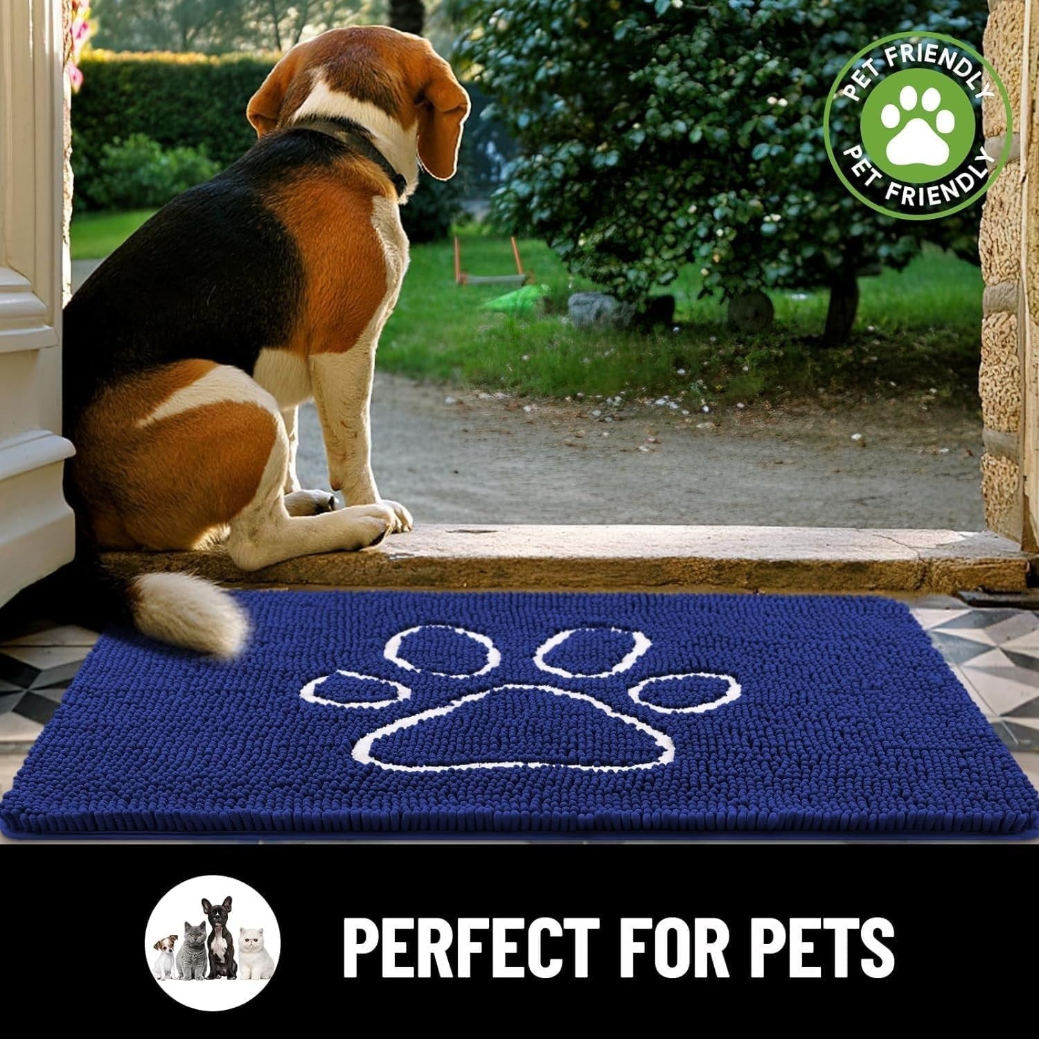 Dog Door Mat Super Absorbent Non Slip Chenille Blue Entrance Rug 76x121cm