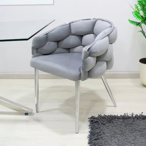 Grey Velvet Dining Chair Chrome Legs Modern Bubble Back Accent Seat