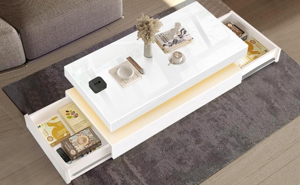 White High Gloss LED Coffee Table with Storage Drawers | 94cm RGB Lights