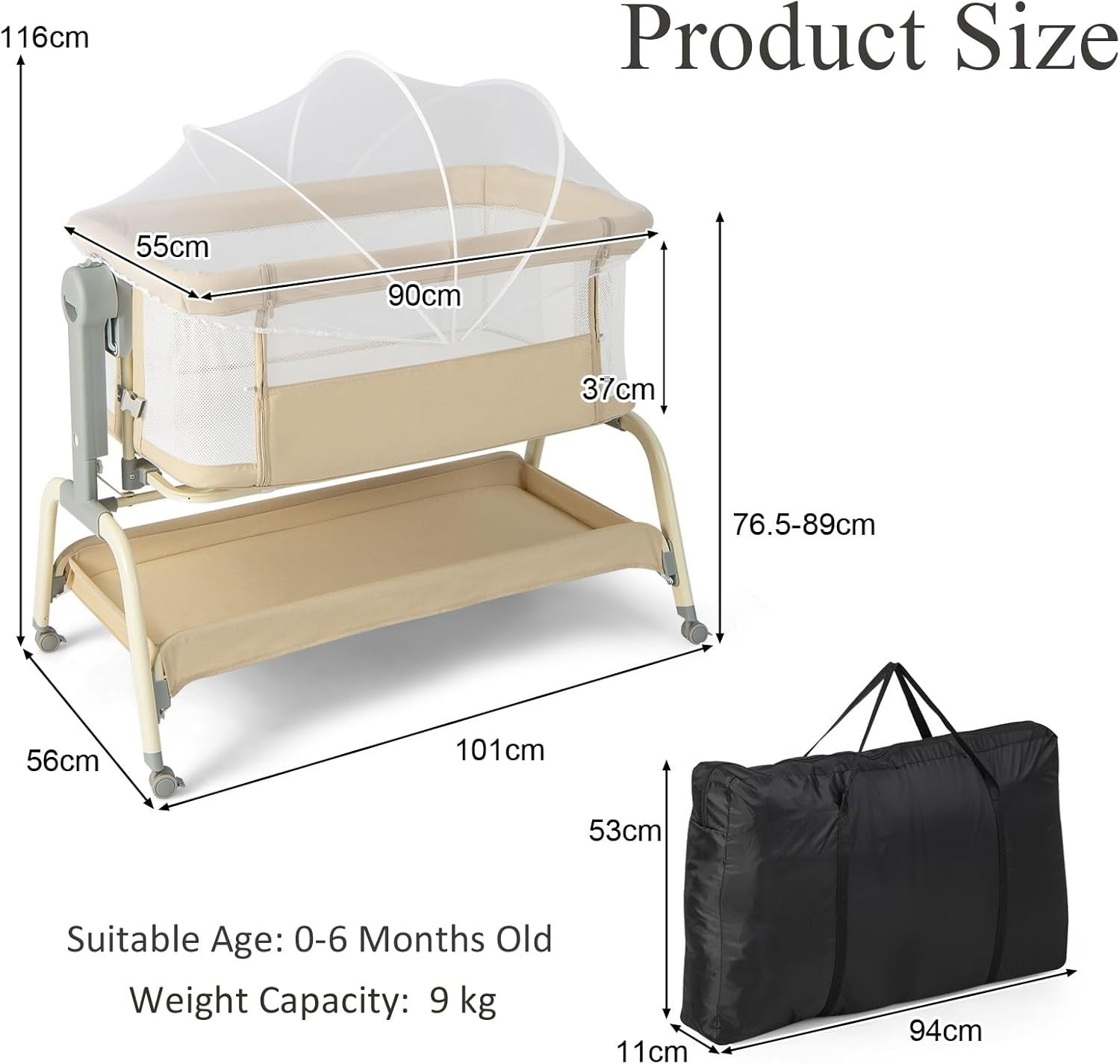 4-in-1 Baby Bedside Crib with Adjustable Height, Mosquito Net & Storage Beige