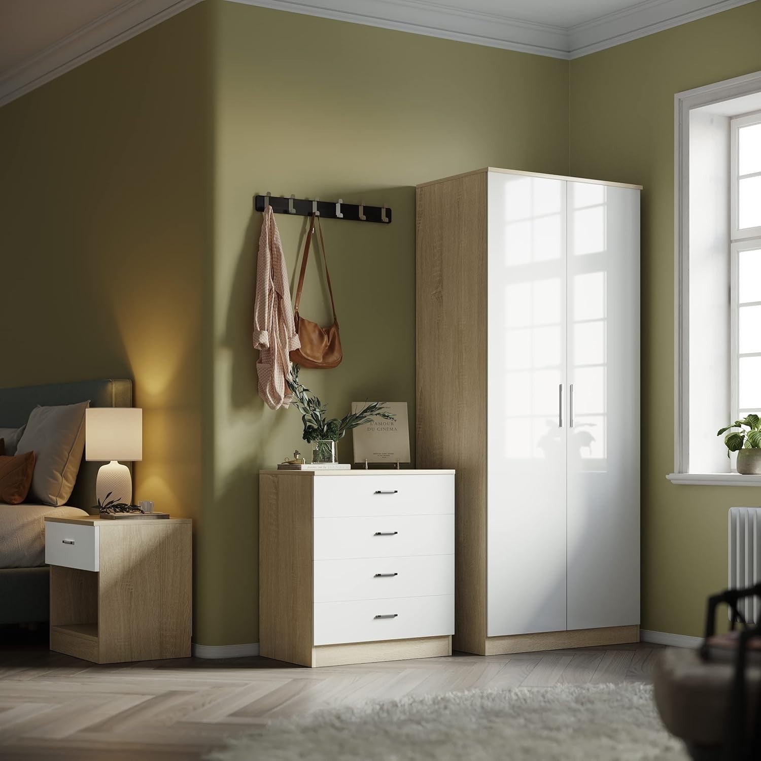 White Oak 2 Door Wardrobe Soft Close Metal Handles Removable Rod Shelves