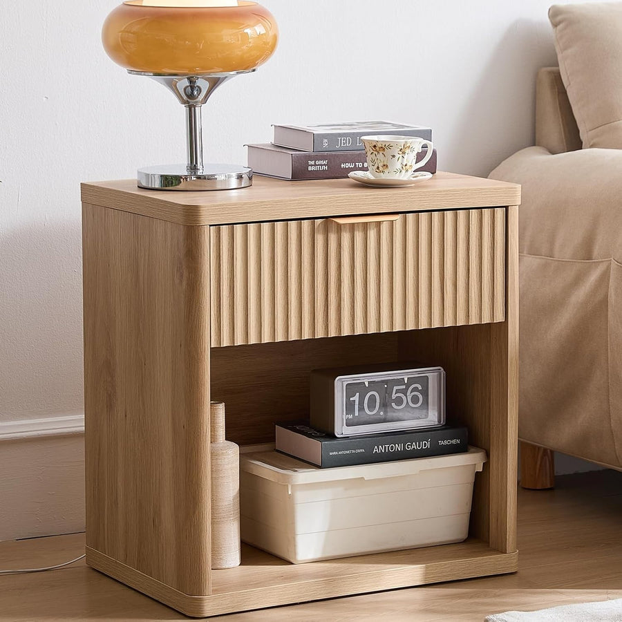 Natural Fluted Bedside Table with Drawer Modern Wood Nightstand Storage Unit