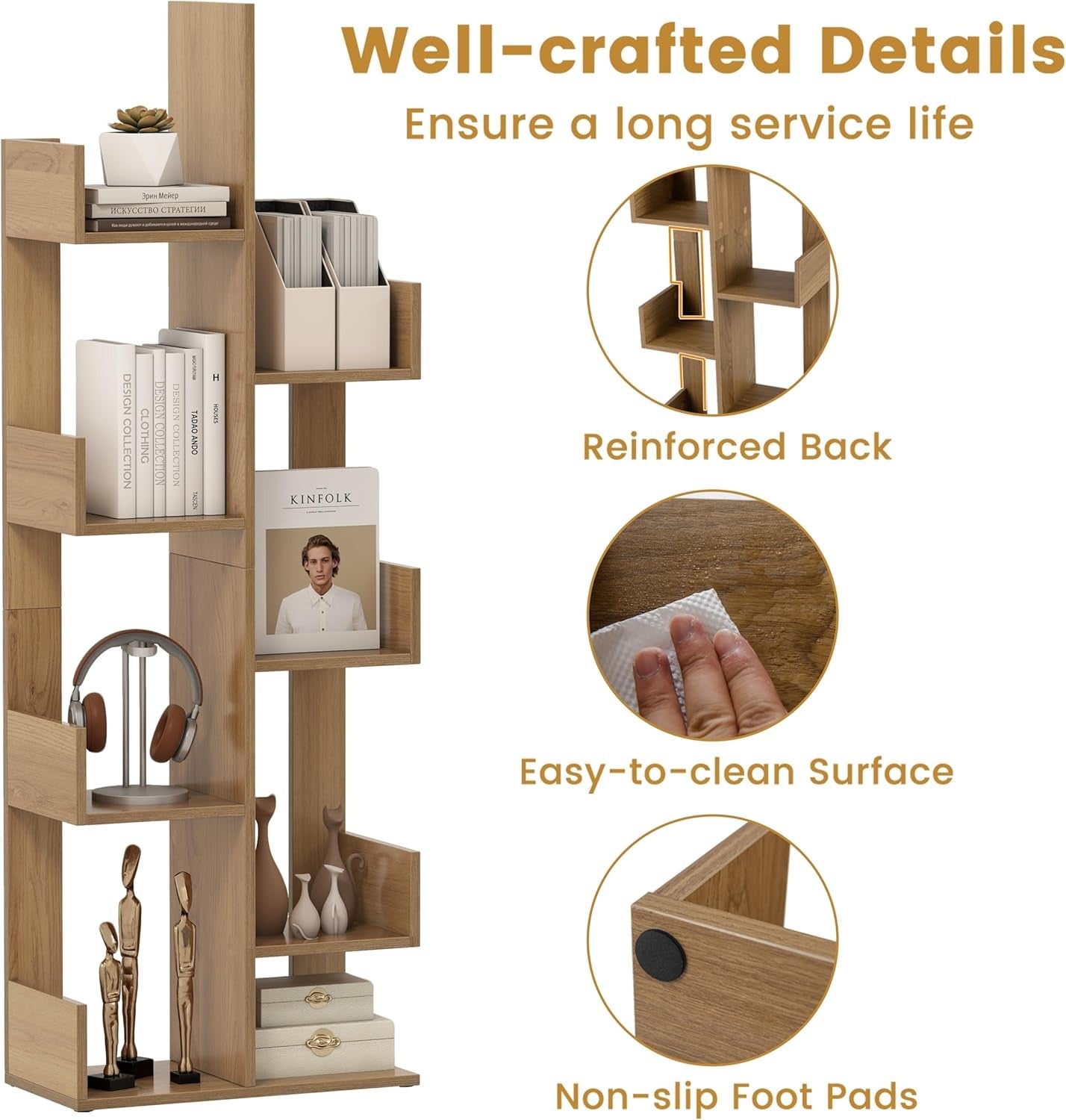 Modern Tree Bookshelf 8-Tier Floor Standing Storage Rack Natural Wood Unit