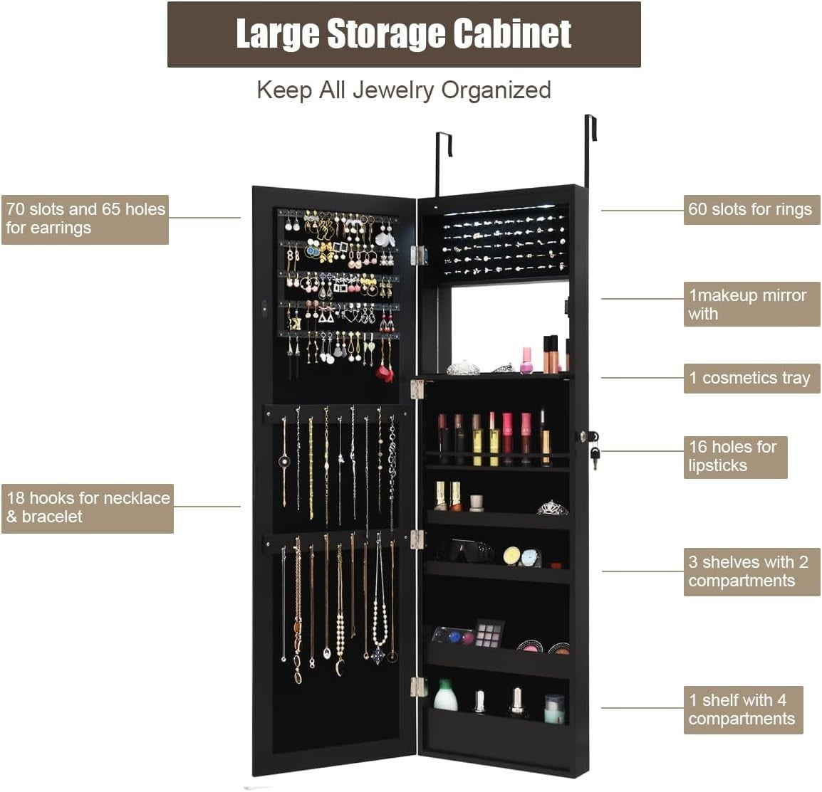 Black LED Jewellery Cabinet Wall Door Mounted Full Length Mirror Lockable