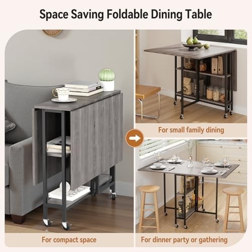 Space-Saving Folding Dining Table with Wheels & Storage Shelves