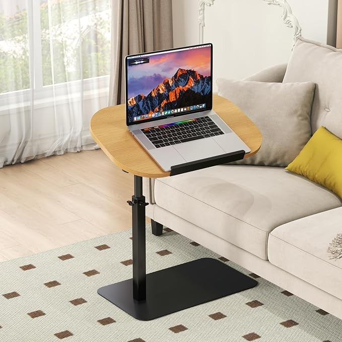 Wooden C Shaped Laptop Side Table Adjustable Height 360 Swivel Sofa Bed