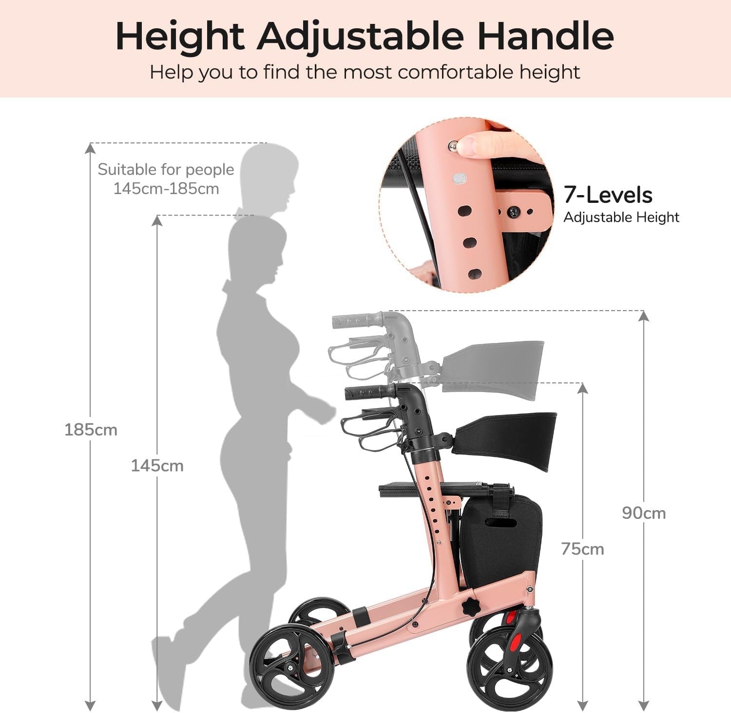 Lightweight Folding Rollator Walker 4 Wheel Seat Bag 300lb Pink