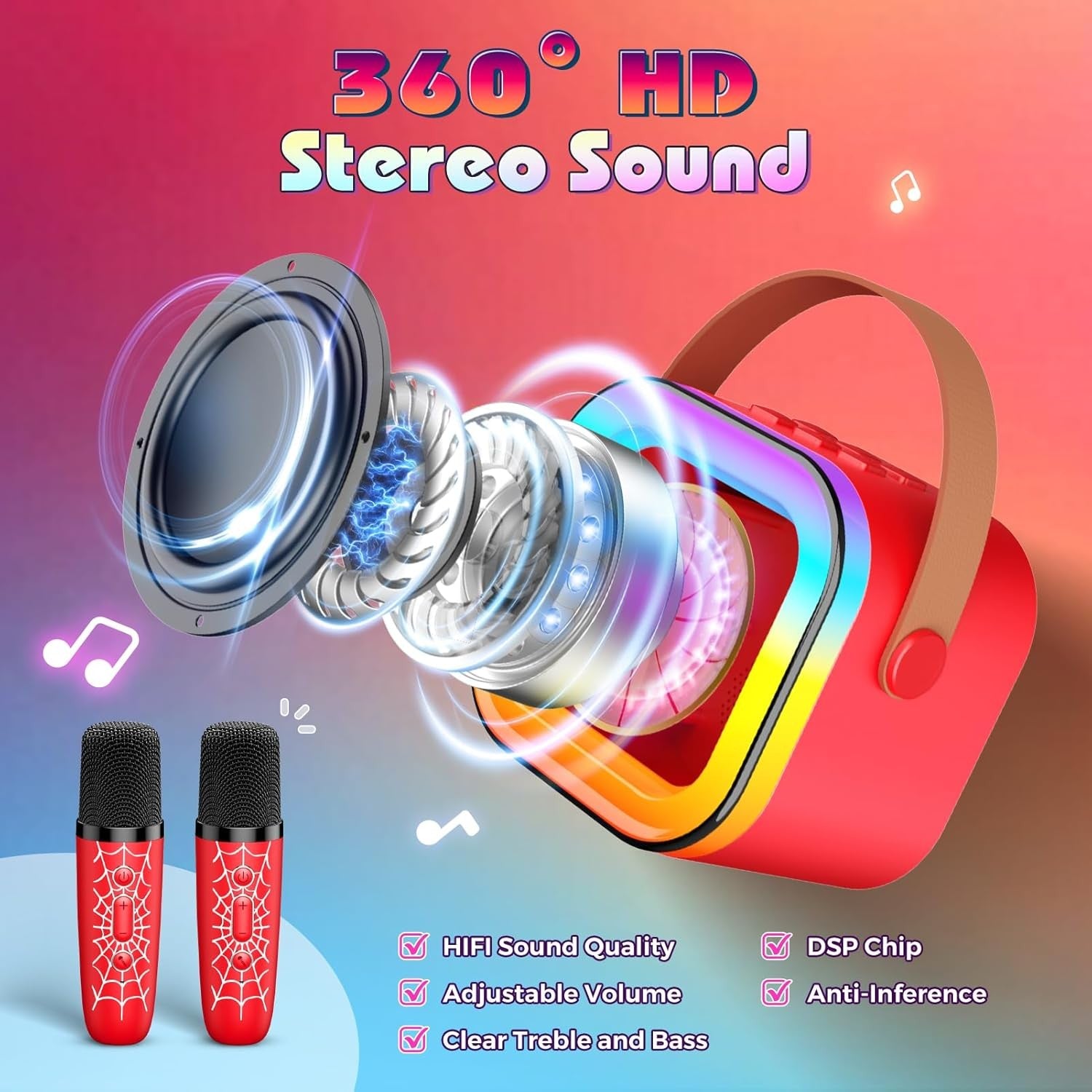 Kids Karaoke Machine 2 Wireless Mics Bluetooth LED