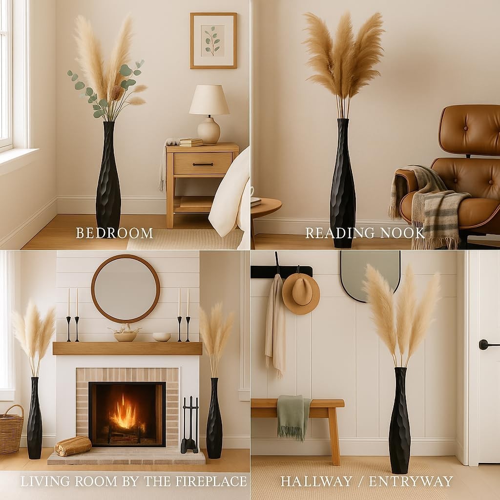 Black Floor Vase 65cm Tall Wooden Decor for Pampas Grass