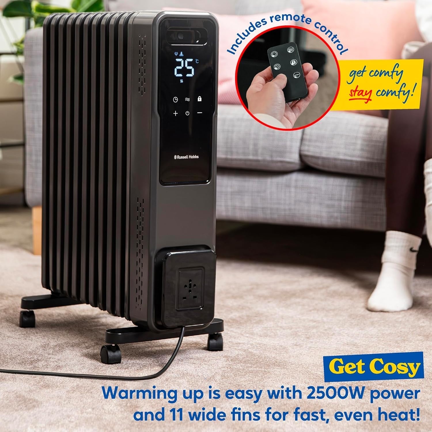 2500W 11 Fin Oil Filled Radiator Touch LED Remote Control Heater